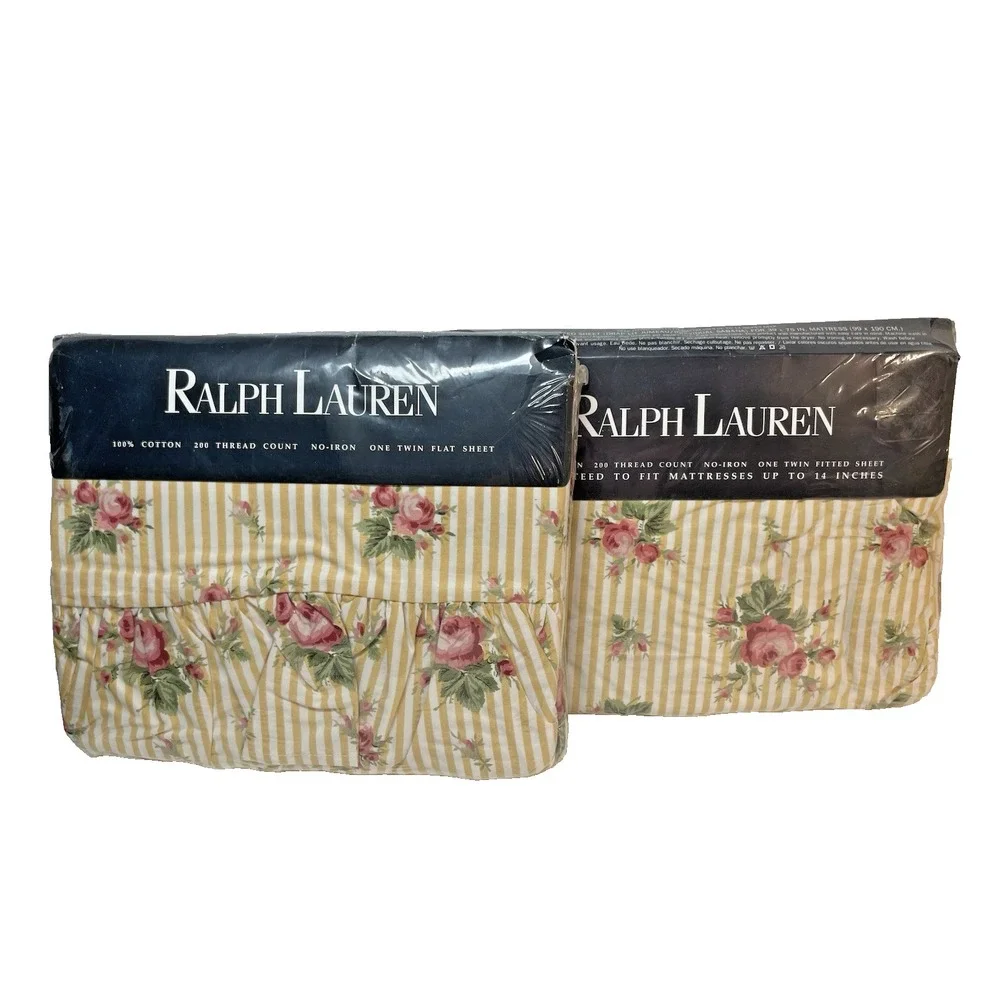 Vtg New NOS Ralph Lauren Sophie Floral Yellow Stripe TWIN Flat & Fitted Sheet
